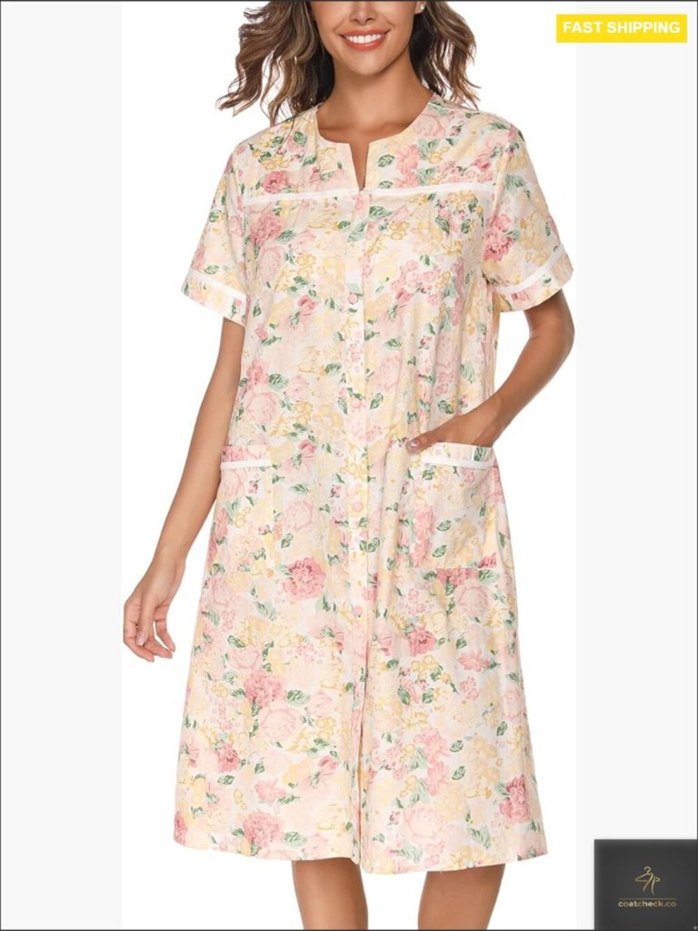 Embroidered Cotton Duster Robe Short Sleeve Snap Front Pockets Cozy Lounge